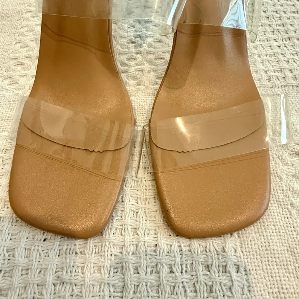 women's 39 rubber clear double strap square toe heels sandal 3089